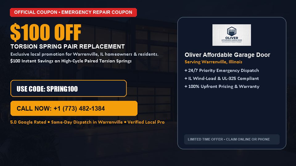 $100 OFF Dual High-Cycle Torsion Spring Replacement in Warrenville, IL - Oliver Affordable Garage Door